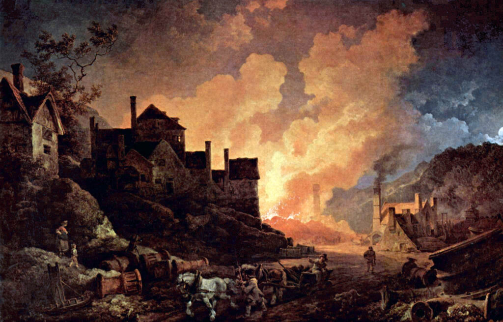 Weitere Einzelheiten Coalbrookdale by Night. Ölgemälde von Philipp Jakob Loutherbourg d. J. aus dem Jahr 1801. Coalbrookdale gilt als eine der Geburtsstätten der industriellen Revolution, da hier der erste mit Koks gefeuerte Hochofen betrieben wurde